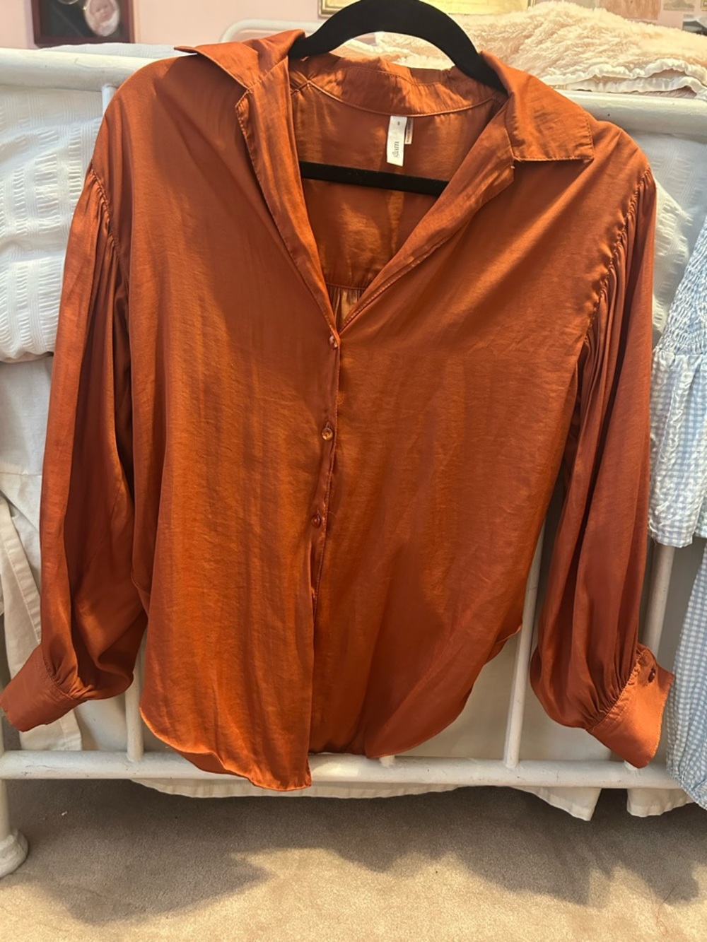 glam Rust Orange Satin Button-Down Blouse